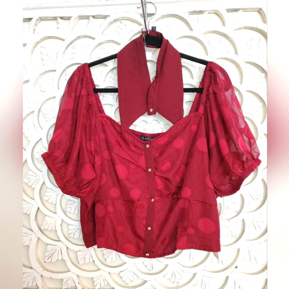 NWT Smak Parlour by Unique Vintage Burgundy Polka-dot Blouse & Collar Choker 4X